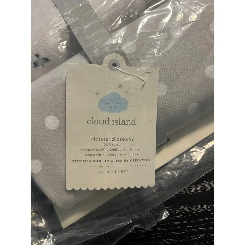 Cloud Island Baby Flannel Blankets 2-Pack Gray White 100% Cotton  NEW